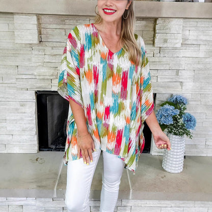 Stylish Tunic Top for Women V-Neck Abstract-Print Oversized