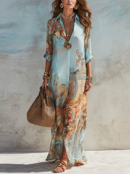 Elegant Maxi Dress for Women Button-Down Paisley-Print Collared