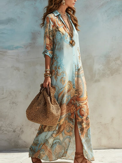 Elegant Maxi Dress for Women Button-Down Paisley-Print Collared