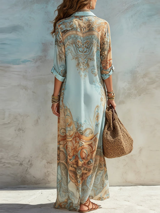 Elegant Maxi Dress for Women Button-Down Paisley-Print Collared