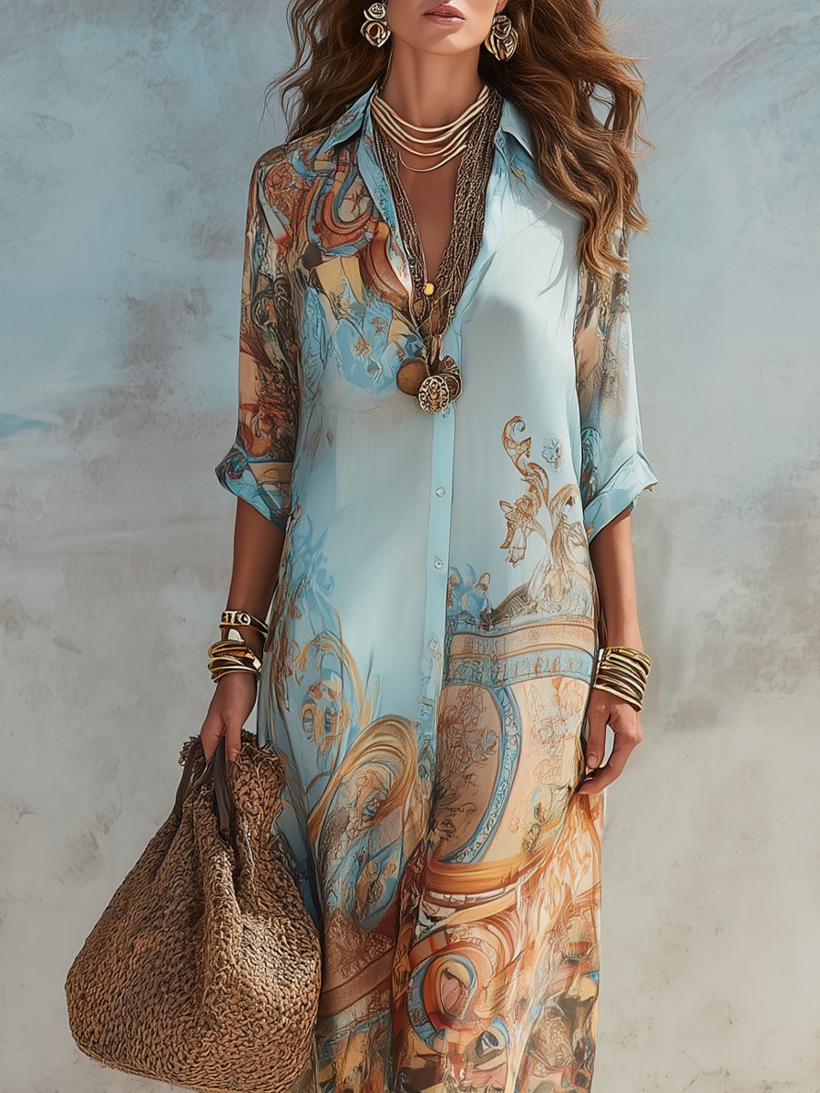 Elegant Maxi Dress for Women Button-Down Paisley-Print Collared