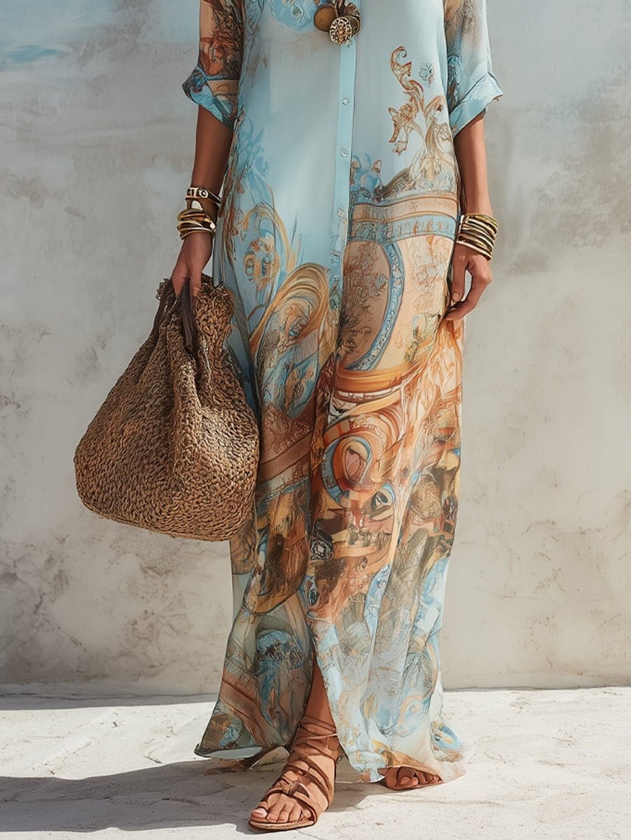 Elegant Maxi Dress for Women Button-Down Paisley-Print Collared