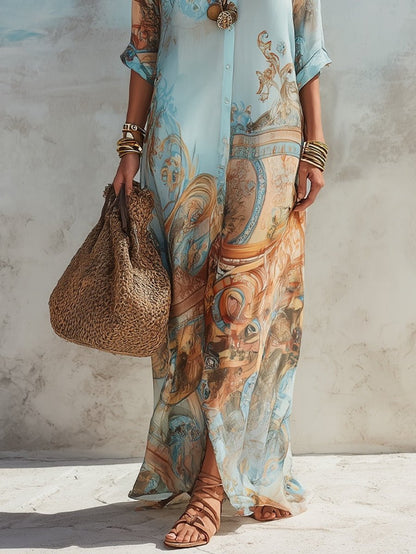Elegant Maxi Dress for Women Button-Down Paisley-Print Collared