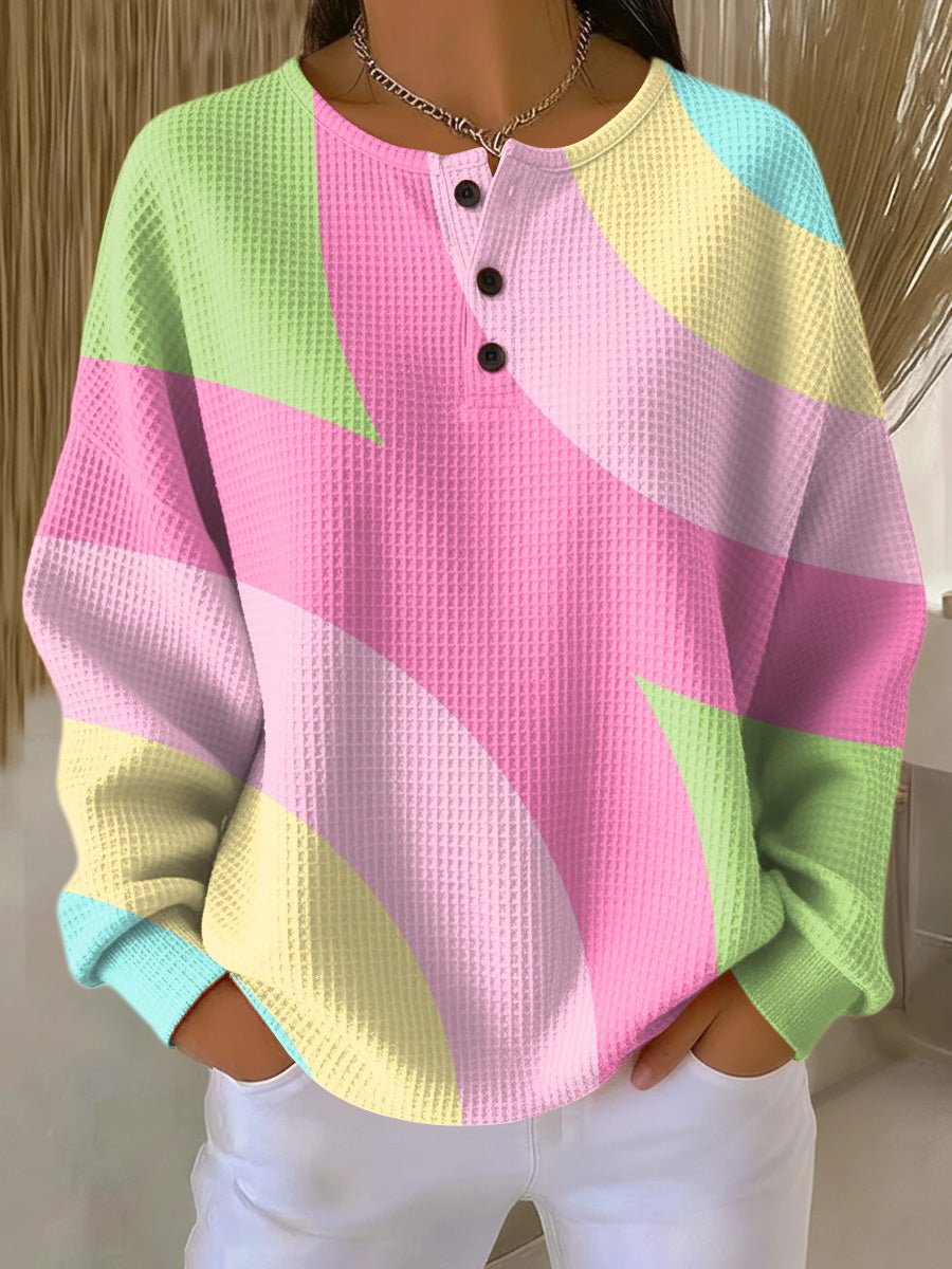 Stylish Henley Sweater for Women Waffle-Knit Colorblock — Multicolor