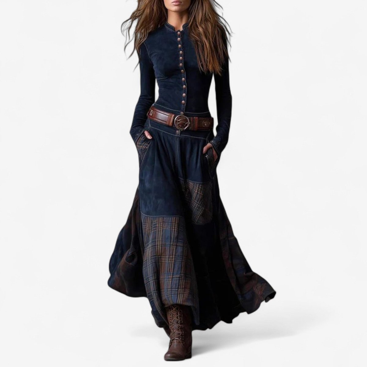 Stylish Maxi Dress for Women Patchwork Button-Up Long-Sleeve