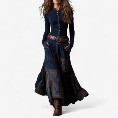 Stylish Maxi Dress for Women Patchwork Button-Up Long-Sleeve