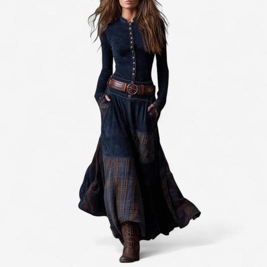 Stylish Maxi Dress for Women Patchwork Button-Up Long-Sleeve