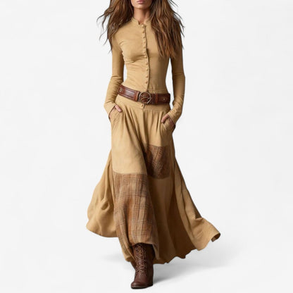 Stylish Maxi Dress for Women Patchwork Button-Up Long-Sleeve