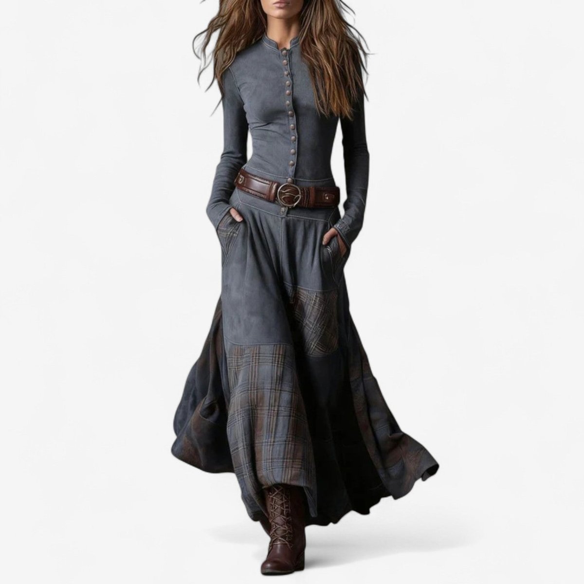 Stylish Maxi Dress for Women Patchwork Button-Up Long-Sleeve