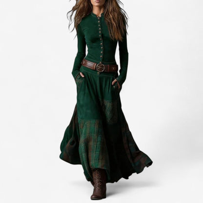Stylish Maxi Dress for Women Patchwork Button-Up Long-Sleeve