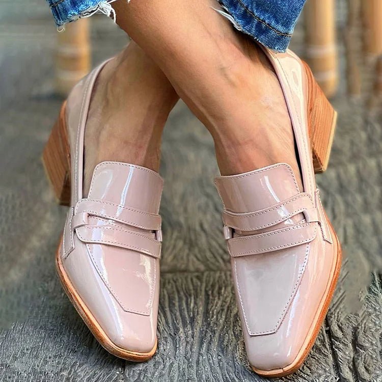 Comfortable Patent-Leather Loafers for Women Block-Heel Slip-On