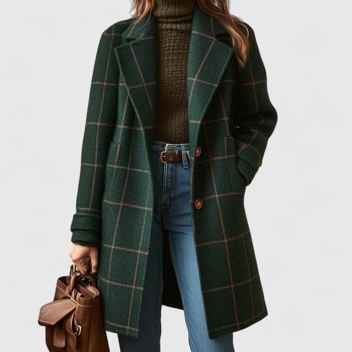 Elegant Longline Coat for Women Plaid Notch-Lapel