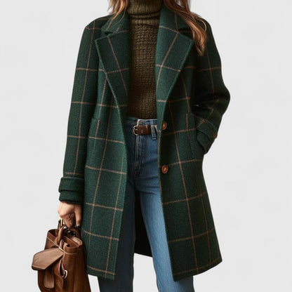 Elegant Longline Coat for Women Plaid Notch-Lapel