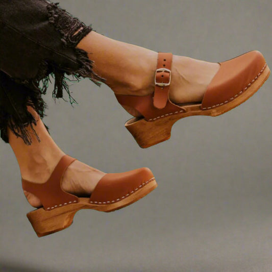 Stylish Platform Clogs for Women Wooden-Heel Ankle-Strap