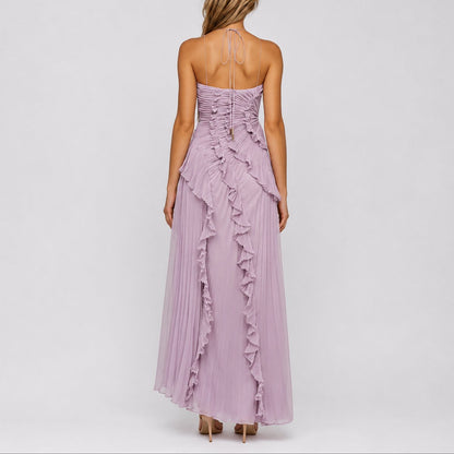 Elegant Maxi Dress for Women Halter Pleated Ruffle