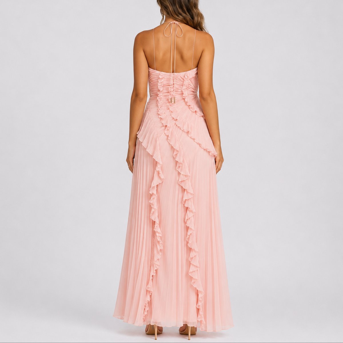 Elegant Maxi Dress for Women Halter Pleated Ruffle