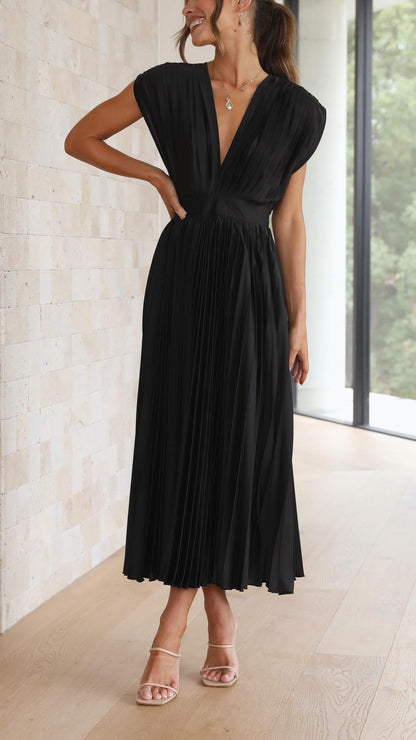 Elegant Midi Dress for Women V-Neck Pleated Sleeveless