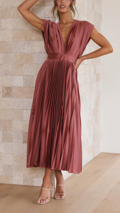 Elegant Midi Dress for Women V-Neck Pleated Sleeveless
