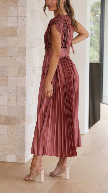 Elegant Midi Dress for Women V-Neck Pleated Sleeveless
