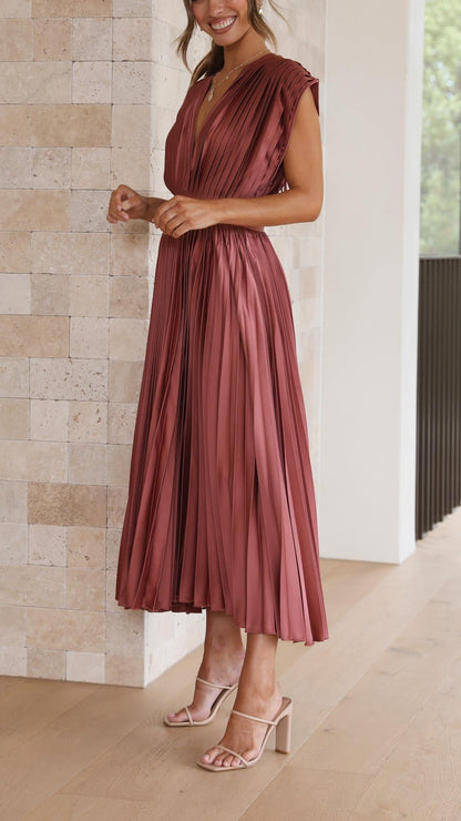 Elegant Midi Dress for Women V-Neck Pleated Sleeveless
