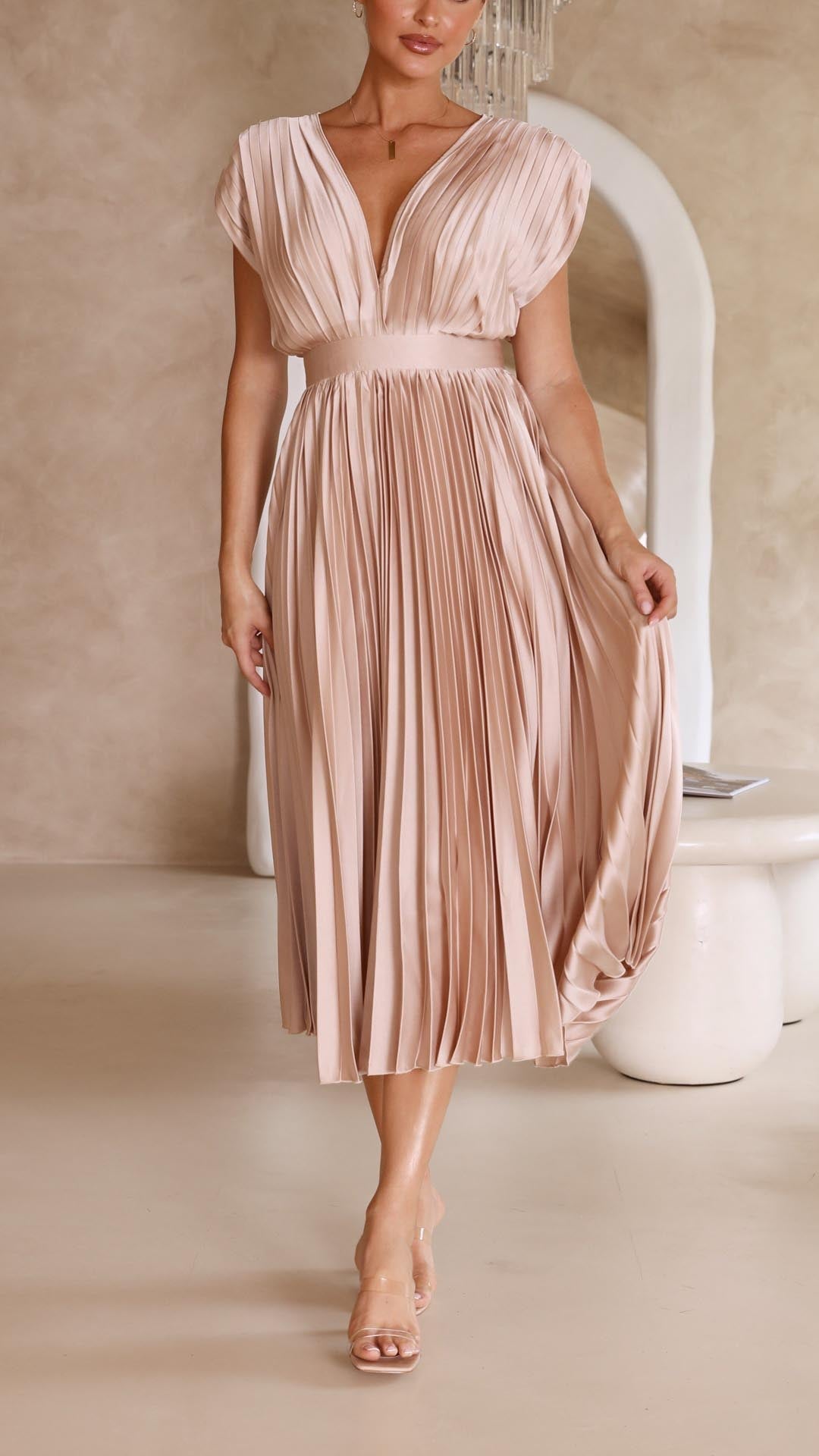 Elegant Midi Dress for Women V-Neck Pleated Sleeveless