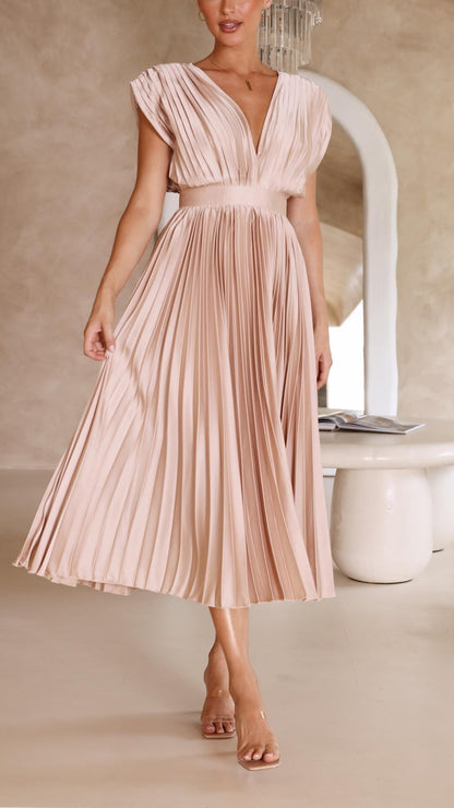 Elegant Midi Dress for Women V-Neck Pleated Sleeveless