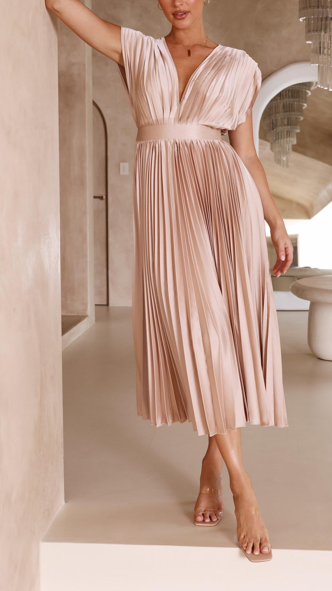 Elegant Midi Dress for Women V-Neck Pleated Sleeveless