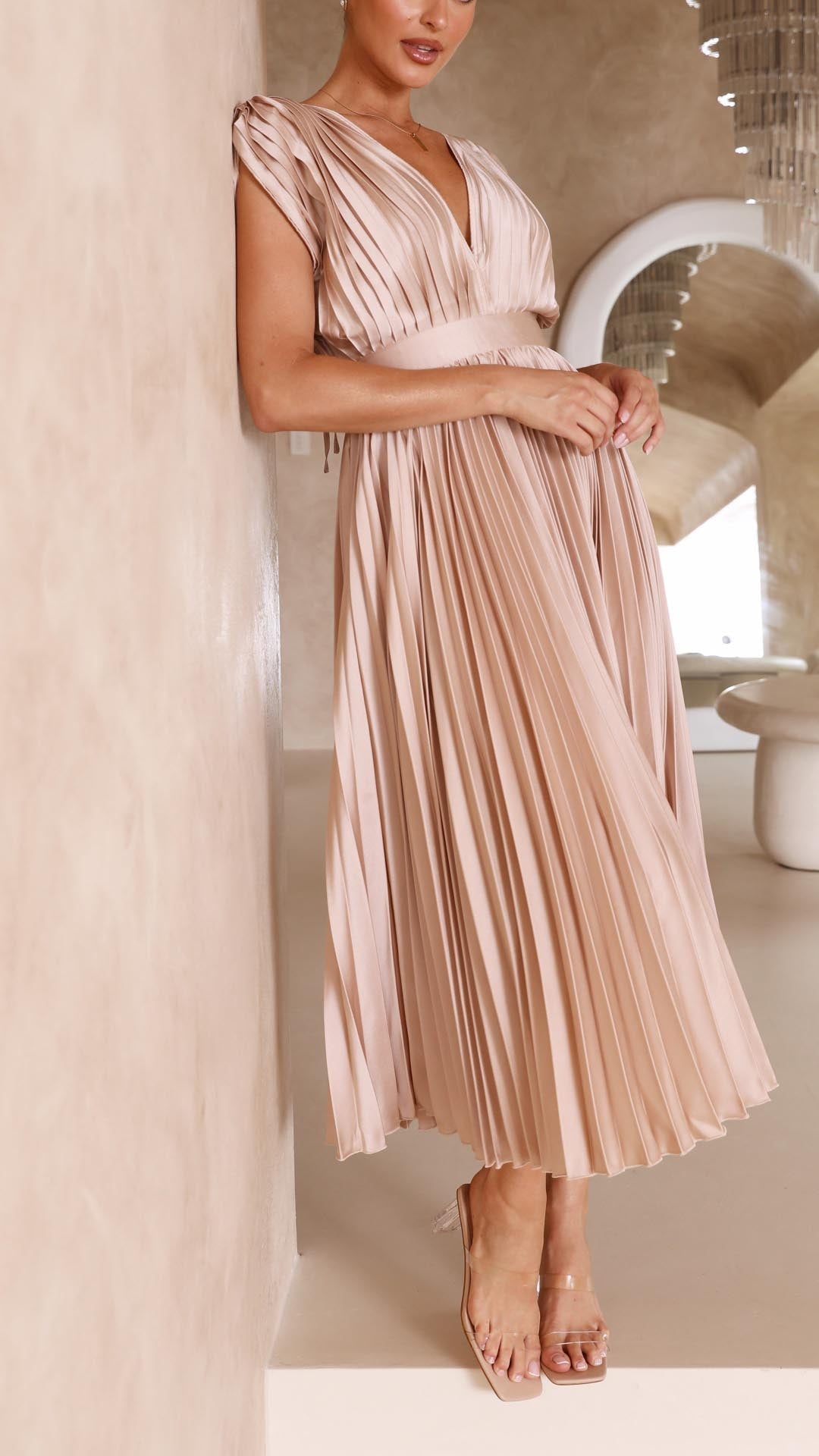 Elegant Midi Dress for Women V-Neck Pleated Sleeveless