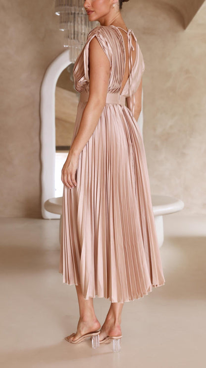 Elegant Midi Dress for Women V-Neck Pleated Sleeveless