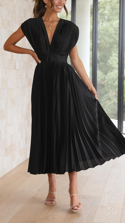 Elegant Midi Dress for Women V-Neck Pleated Sleeveless