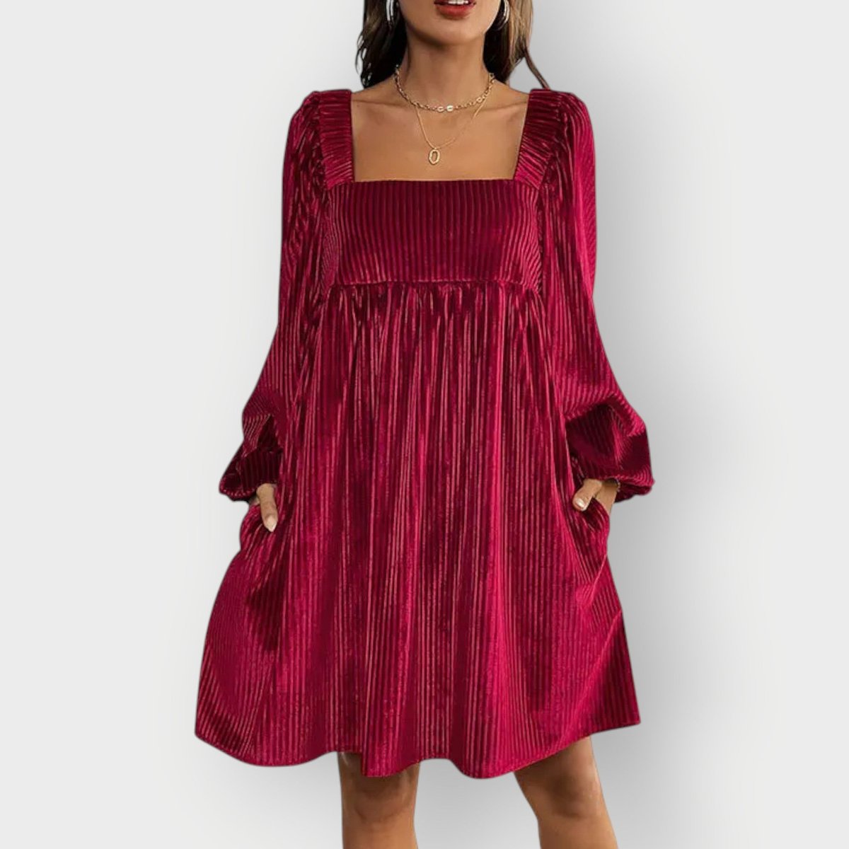 Elegant Mini Dress for Women Pleated Velvet Square-Neck