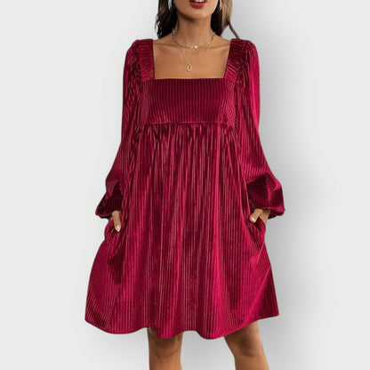 Elegant Mini Dress for Women Pleated Velvet Square-Neck