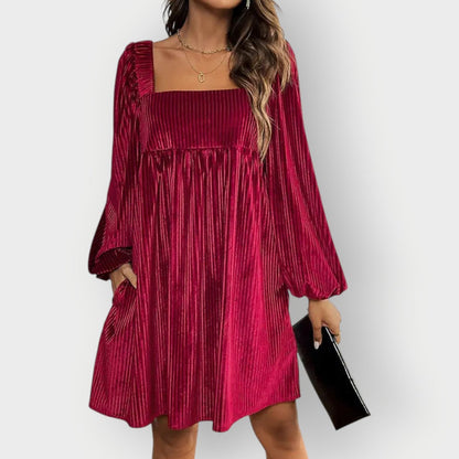 Elegant Mini Dress for Women Pleated Velvet Square-Neck