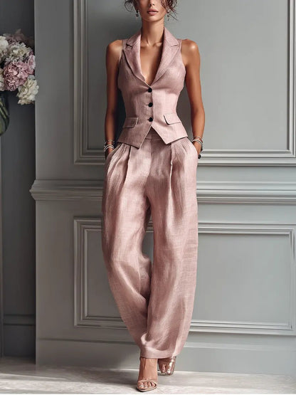 Elegant Two Piece Set for Women Lapel Vest Wide-Leg