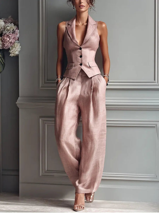 Elegant Two Piece Set for Women Lapel Vest Wide-Leg