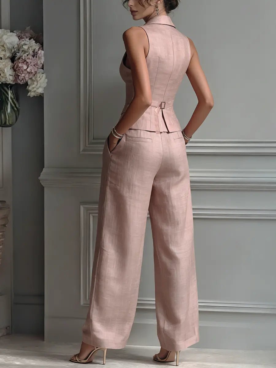 Elegant Two Piece Set for Women Lapel Vest Wide-Leg