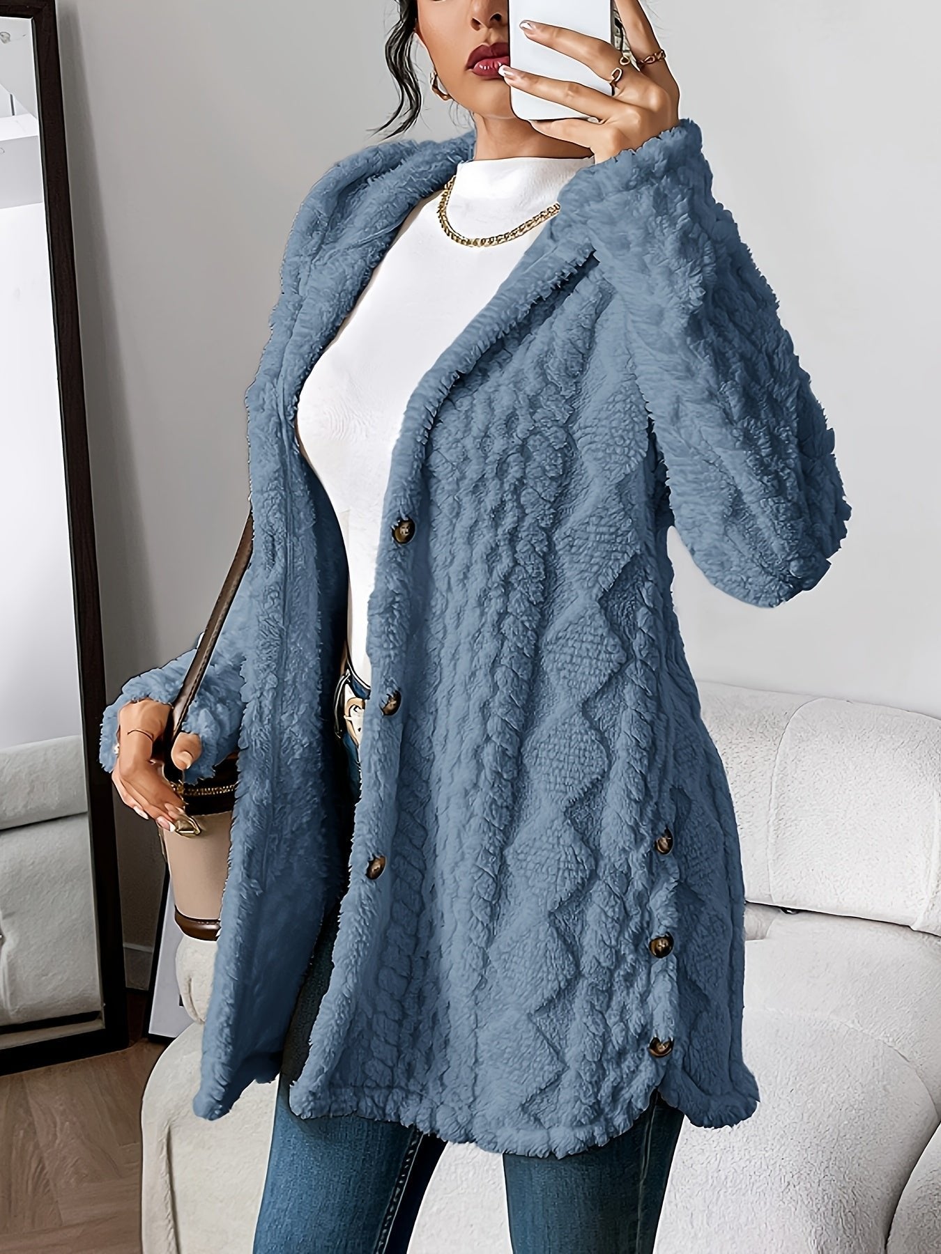 Comfortable Teddy Coat for Women Plush Hooded Button-Front