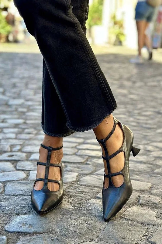 Stylish Pointed-Toe Pumps for Women Strappy Low-Block-Heel