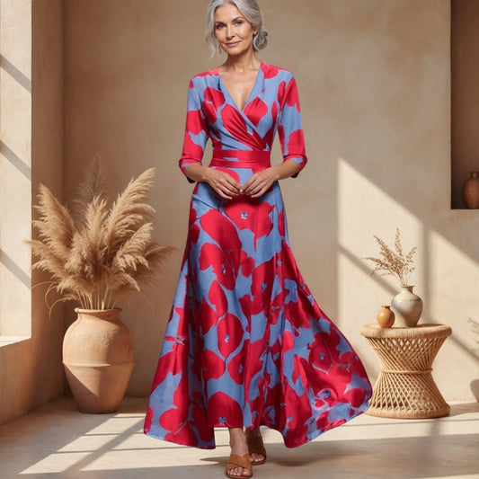 Elegant Wrap Maxi Dress for Women Floral-Print Flowy