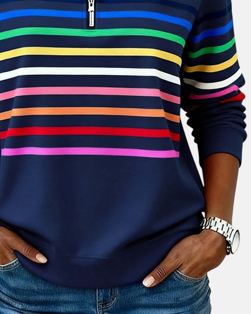Comfortable Quarter-Zip Sweatshirt for Women Striped Long-Sleeve