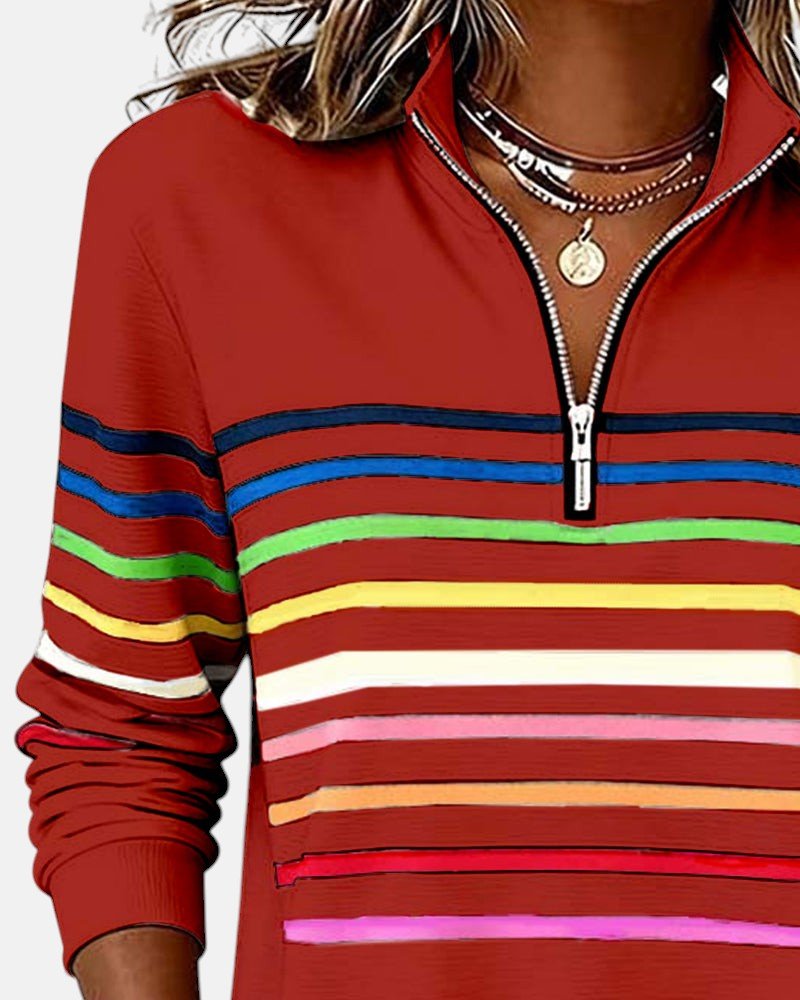 Comfortable Quarter-Zip Sweatshirt for Women Striped Long-Sleeve