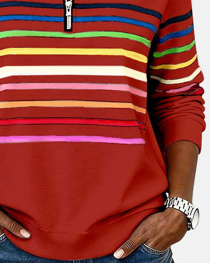 Comfortable Quarter-Zip Sweatshirt for Women Striped Long-Sleeve