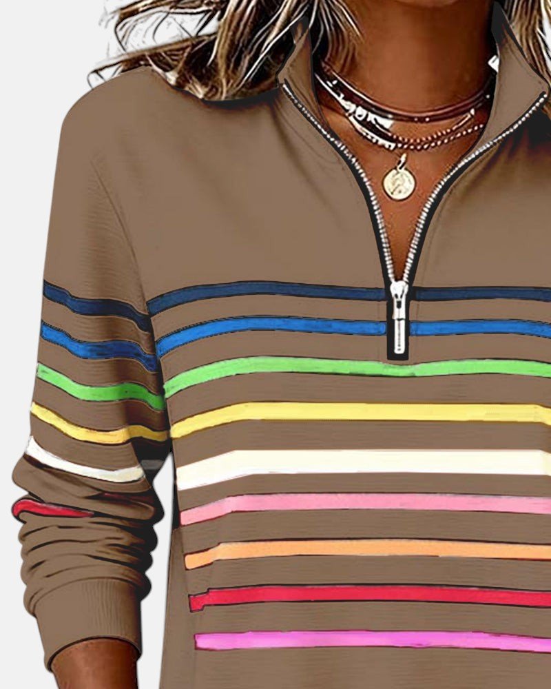 Comfortable Quarter-Zip Sweatshirt for Women Striped Long-Sleeve