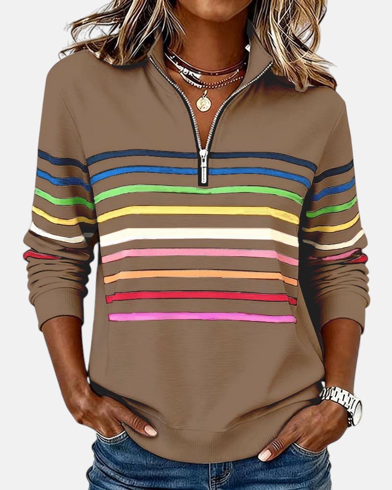 Comfortable Quarter-Zip Sweatshirt for Women Striped Long-Sleeve