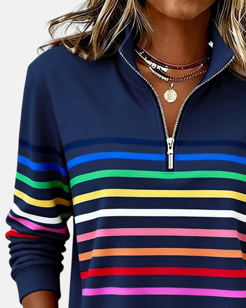 Comfortable Quarter-Zip Sweatshirt for Women Striped Long-Sleeve