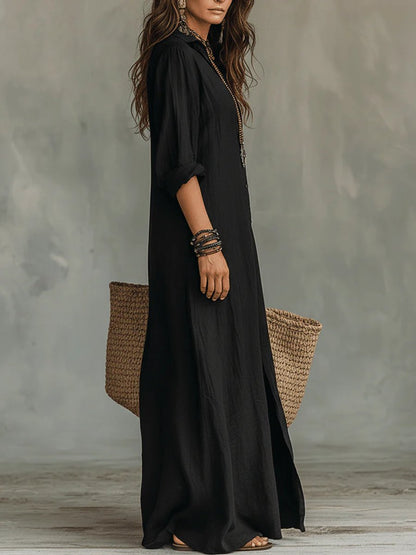 Effortless Maxi Shirt Dress for Women Button-Down Long-Sleeve