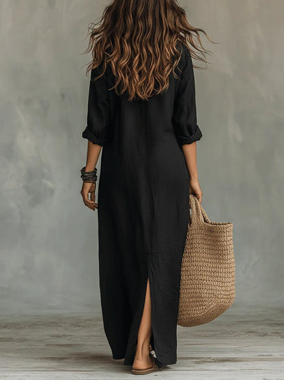 Effortless Maxi Shirt Dress for Women Button-Down Long-Sleeve