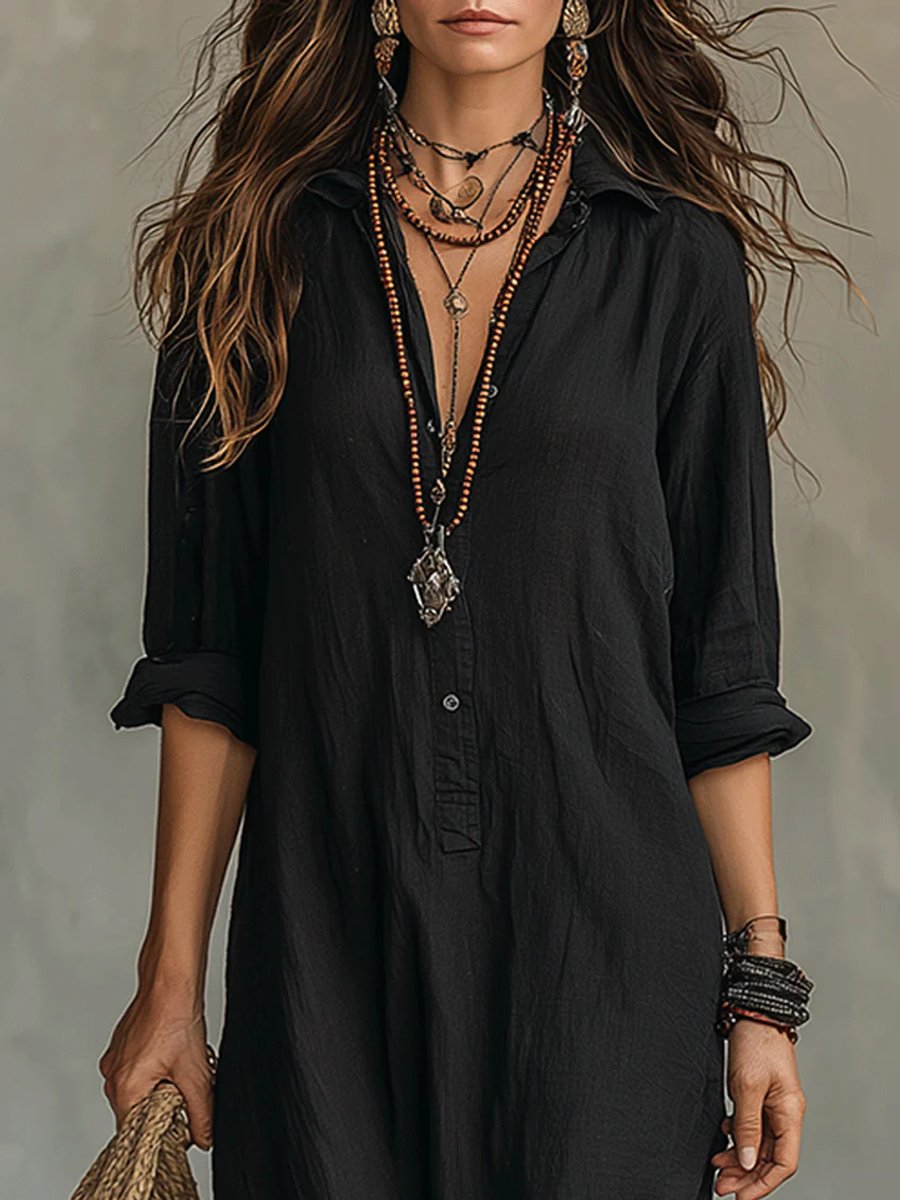 Effortless Maxi Shirt Dress for Women Button-Down Long-Sleeve