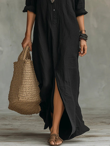 Effortless Maxi Shirt Dress for Women Button-Down Long-Sleeve