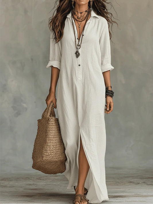 Effortless Maxi Shirt Dress for Women Button-Down Long-Sleeve